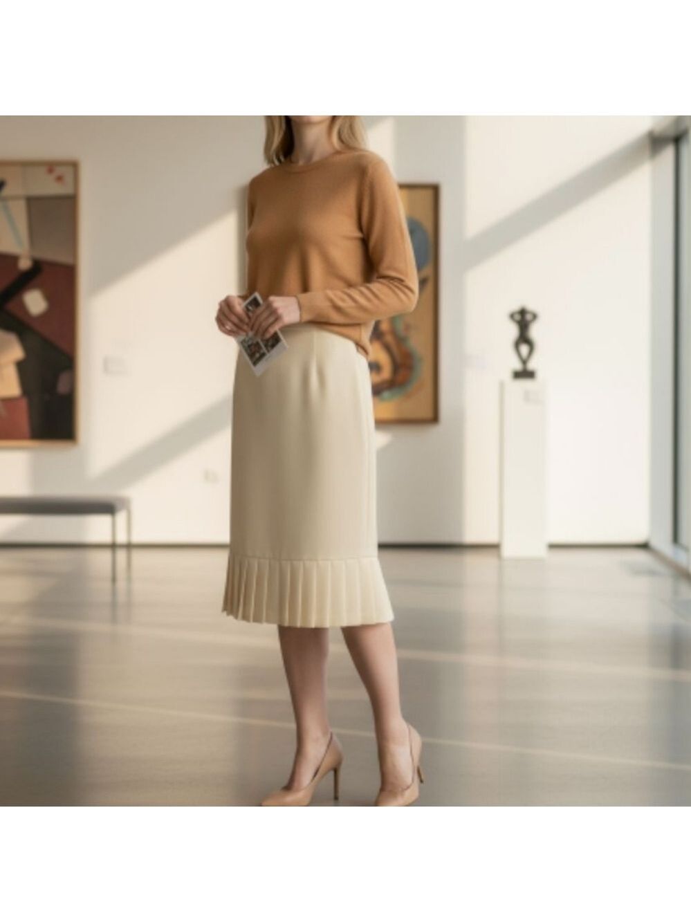 Karen Scott Ivory Crepe Pleated Hem Skirt | Size 12